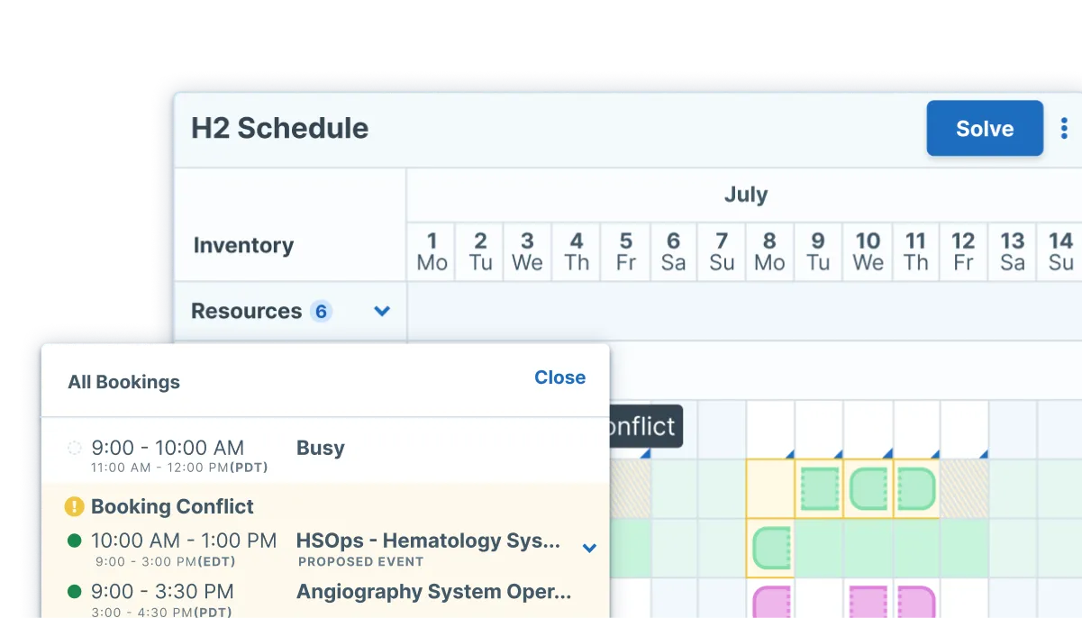 Screenshots of the planning canvas in Scheduler, an AI powered scheduling tool available with Administrate. These screens show additional booking options.