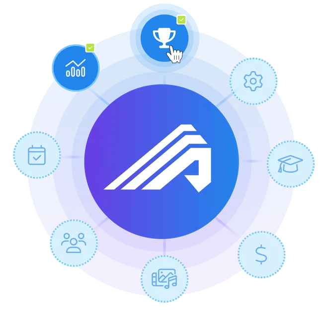 The Administrate logo surrounded by data types, with achievements and reports selected to show only the data being requested.