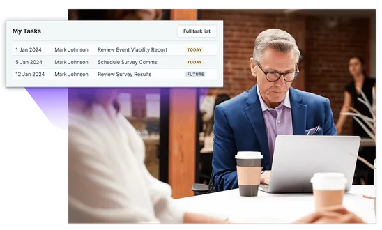 An image of a training professional using their laptop to organize their notifications with screenshot examples of task notifications in Administrate.