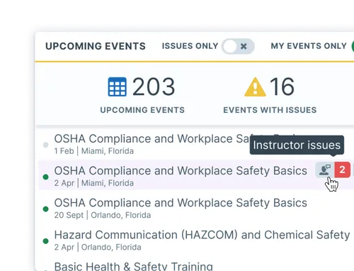 Illustration of the Administrate dashboard with upcoming events, including details such as event names, dates, and an alert for instructor conflict issues.