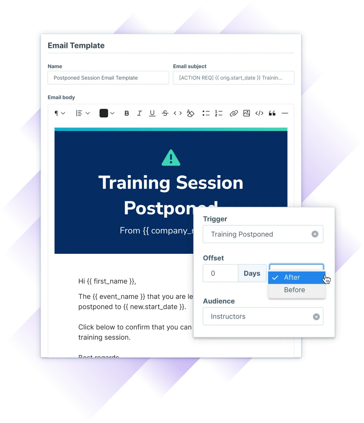 Email template editor in Administrate shown with the trigger settings for the automated email send on session postponement action.