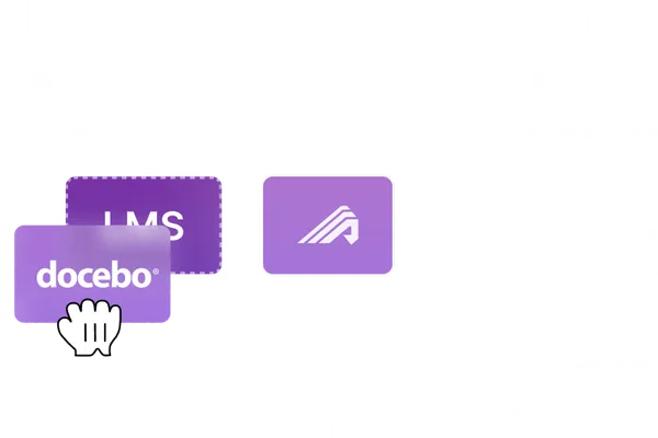 Illustration of Administrate connecting to other placeholder integrations and Docebo being placed over the LMS slot.