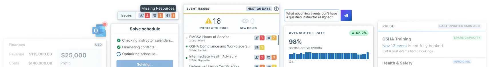 Illustration of Administrate software interface elements including calendar, checklists, alerts, and interconnected components, representing streamlined training management with Administrate.