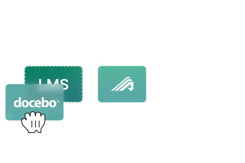 Illustration of Administrate connecting to other placeholder integrations and Docebo being placed over the LMS slot.