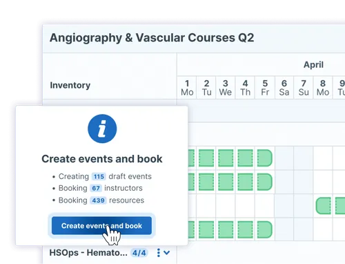 Interface demonstrating how a user can click a button to schedule over a 100 events from a template.
