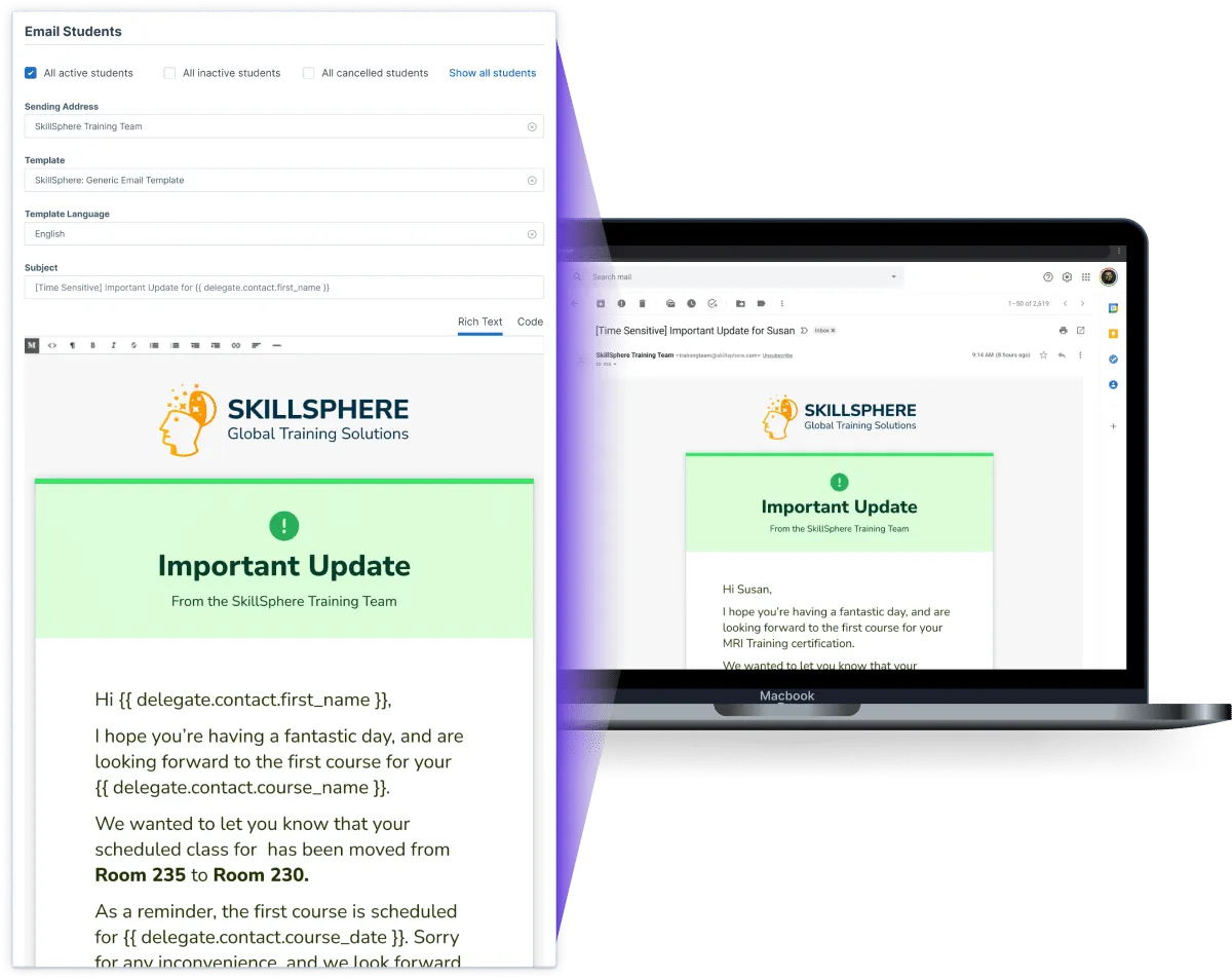Personalized email sent with a side-by-side of its template.
