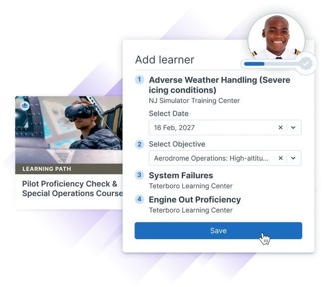 Training professional adding a pilot to a particular learning path for Pilot Proficiency compliance.