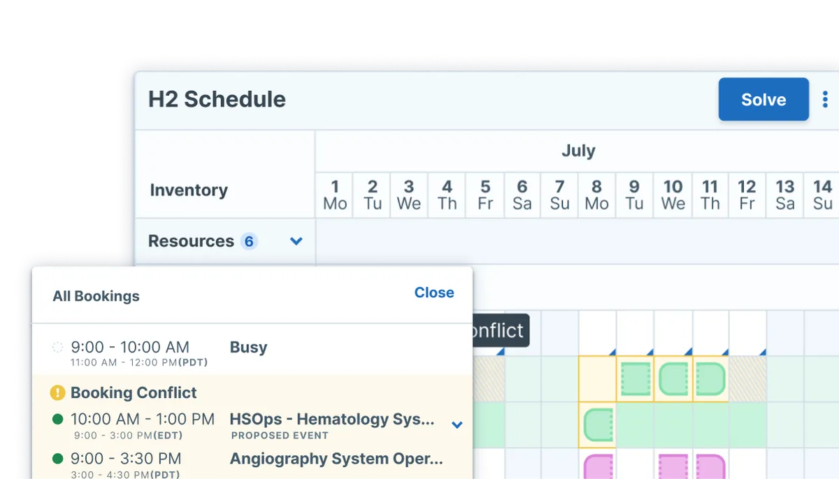Screenshots of the planning canvas in Scheduler, an AI powered scheduling tool available with Administrate. These screens show additional booking options.