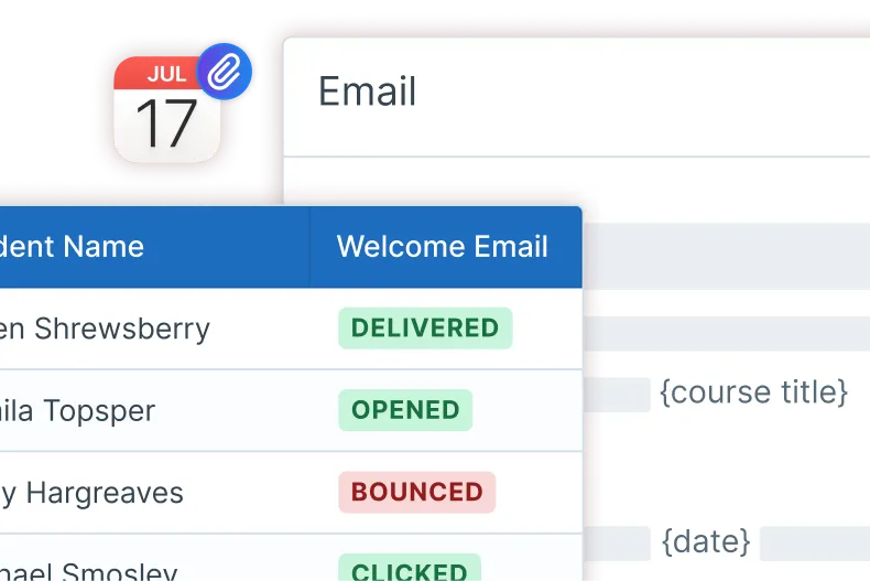 Screenshots of messaging windows and panels in Administrate showing email triggers, email notifications, and calendar attachments automated with Administrate.