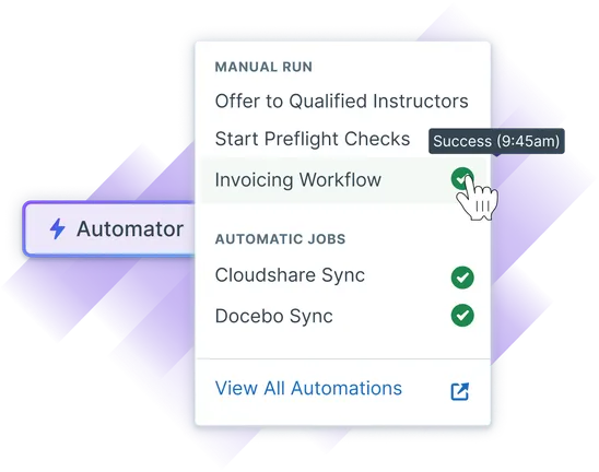Administrate interface showing the "Automator" button and its menu, including a list of actions like Offer to Qualified Instructors, Start Preflight Checks, Invoicing Workflow, Cloudshare Sync, and Docebo Sync.