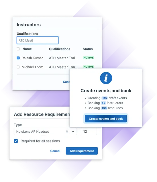 Image showing the Administrate software interface with sections for instructors, event creation, and resource requirements.