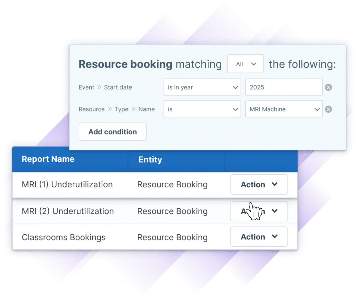 Screenshot of Administrate’s software showing how to build a resource use report.