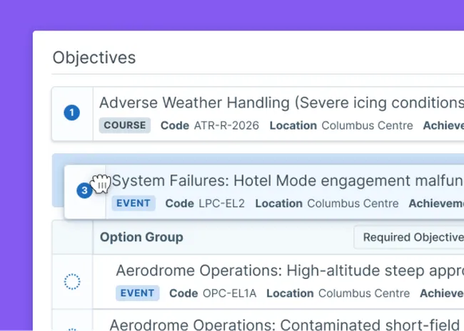 User drag and dropping one of the objectives in a learning path for pilot compliance training.