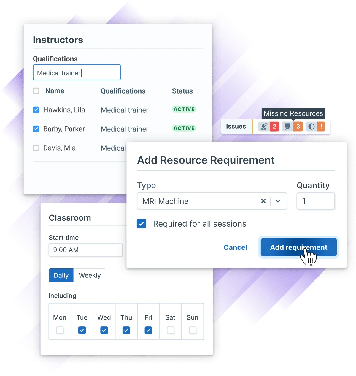 Interface showing instructor qualifications, resource availability, scheduling conflicts, and calendar selection for organizing training sessions.