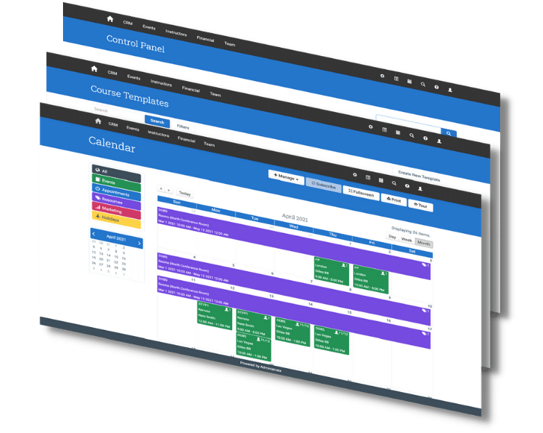 Calendar, Course Templates, and Control Panel tabs of the Administrate Platform