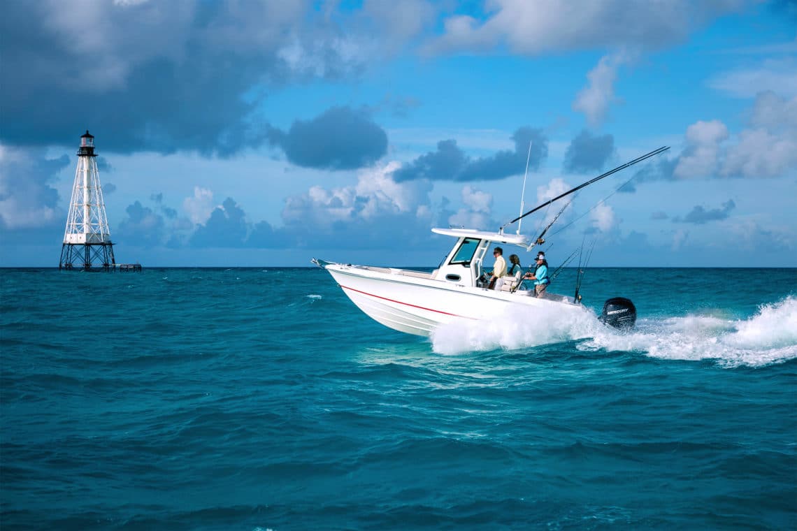 A Boston Whaler boat on the open ocean