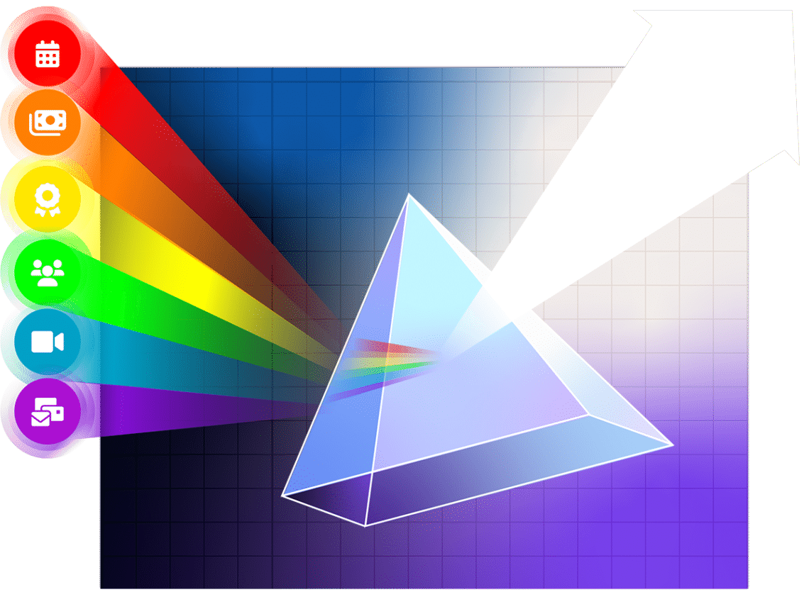 Illustration of various types of training data as a rainbow of colors being focused through a prism to create momentum.