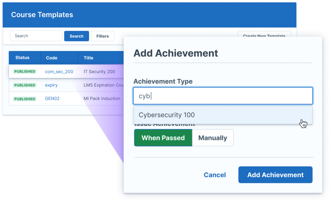 window for adding an achievement to a course template.