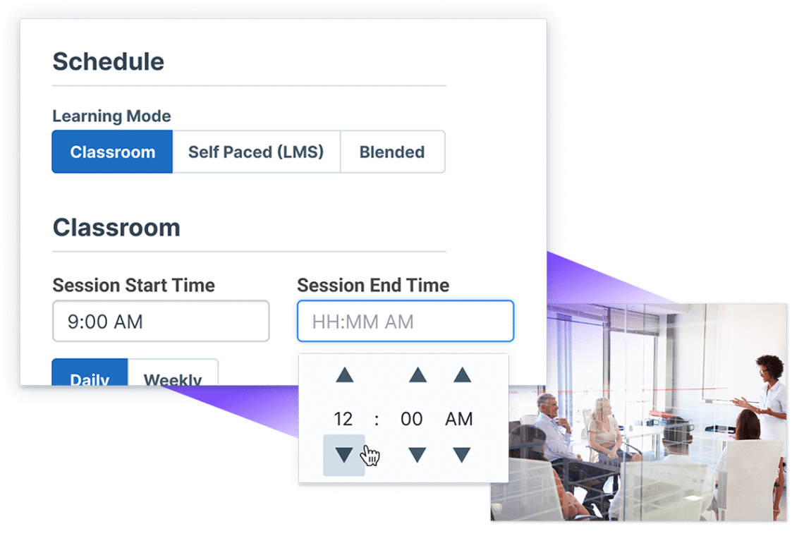 scheduler showing learning mode, date, and time settings.