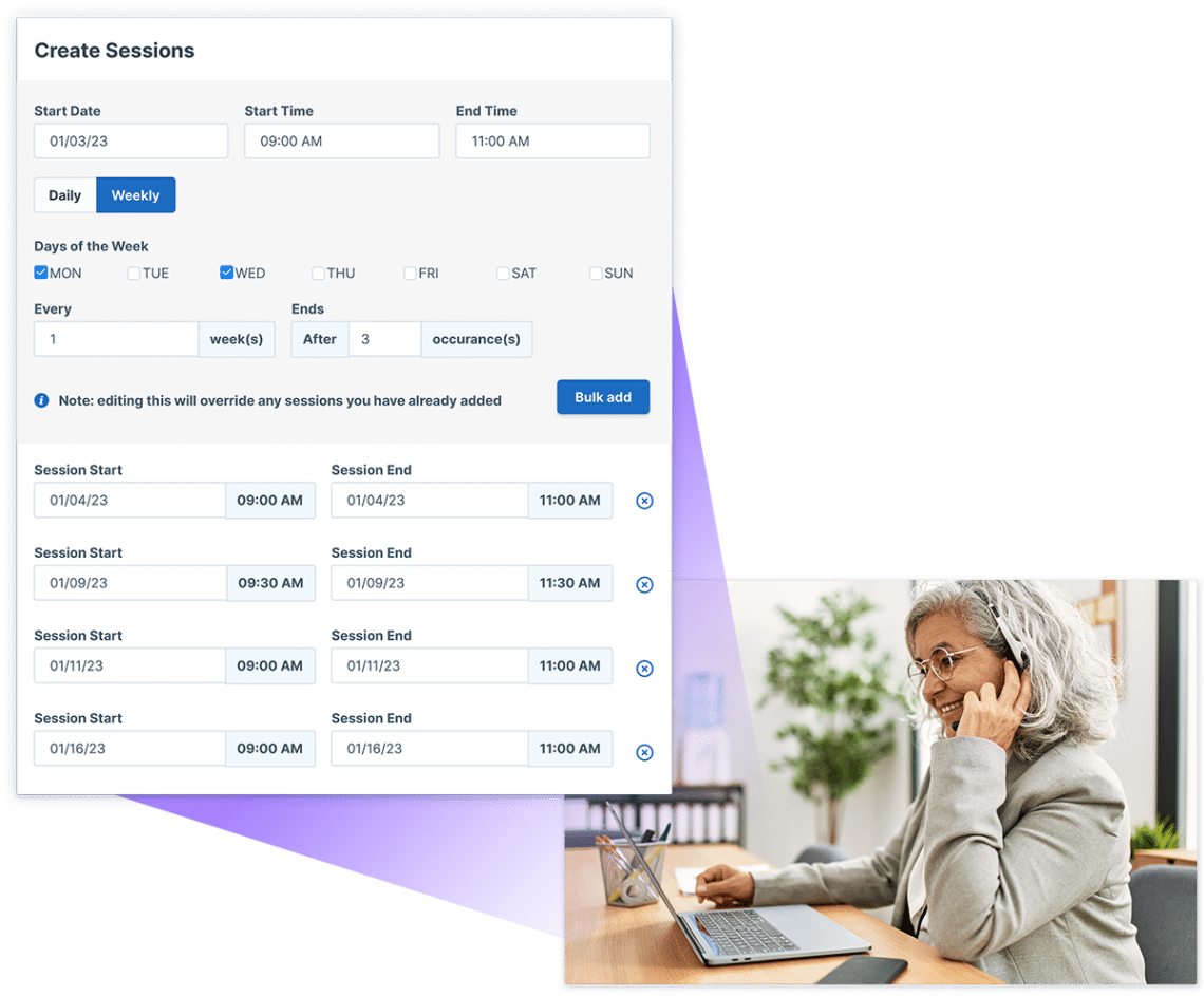 professional woman creating bulk scheduling sessions
