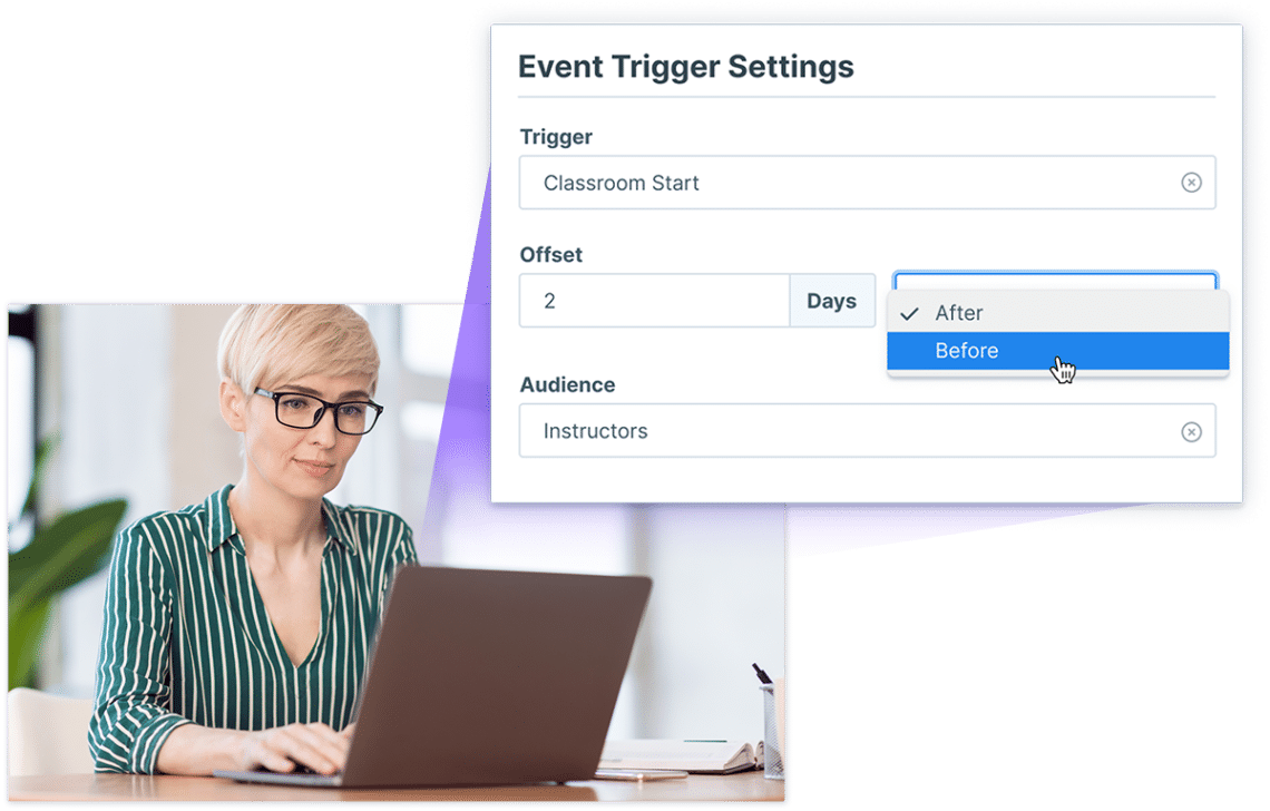 Screenshot of event trigger dashboard in Administrate overload with image of training manager creating the email triggers in Administrate.