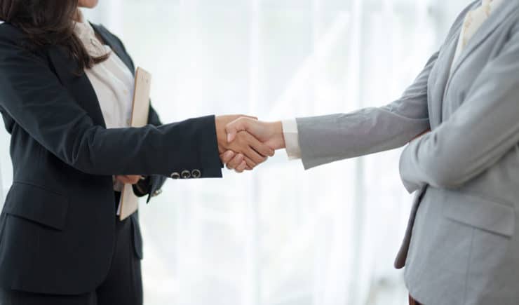 business professionals shaking hands in agreement.