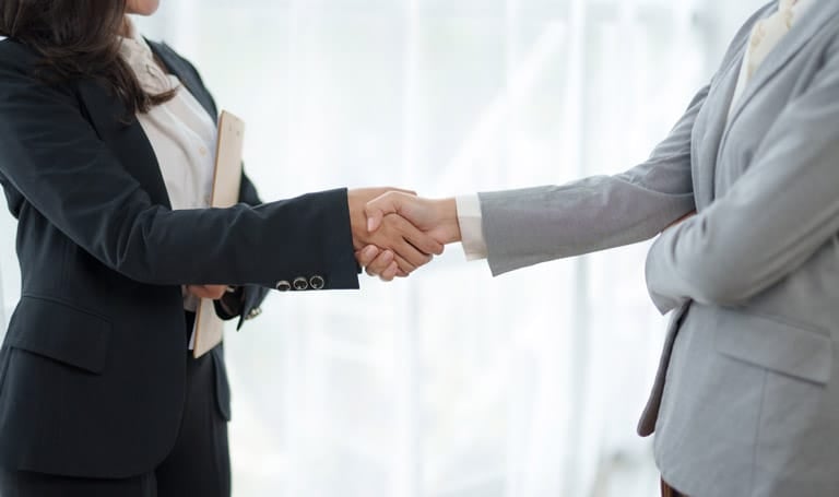 business professionals shaking hands in agreement.