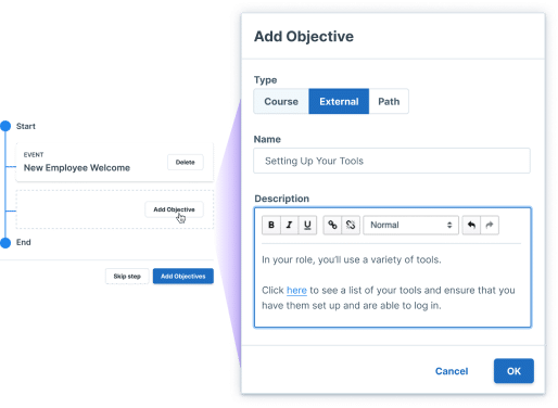 Adding an objective to a New Employee Welcome path.