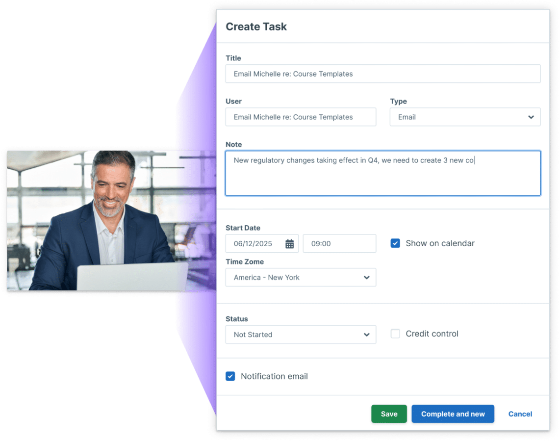 A graphic overlay shows a course template screen in Administrate next to a smiling training professional using a laptop.