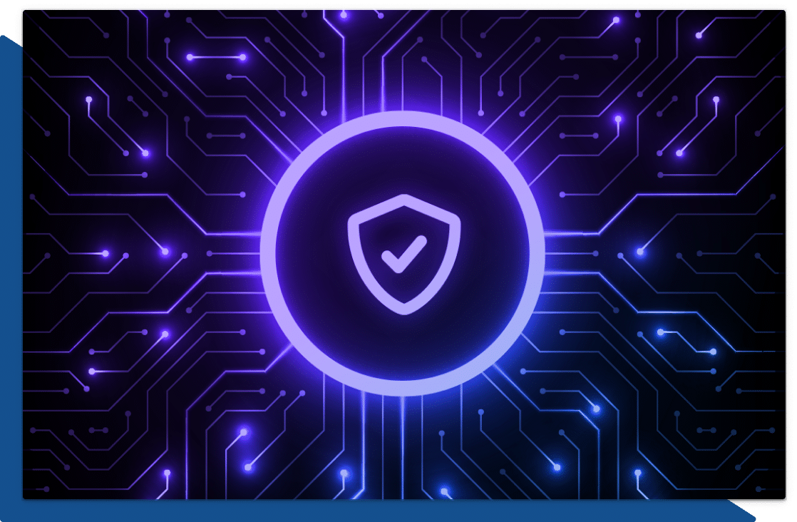 Illustration showing a shield icon surrounded by circuitry in Administrate brand colors.