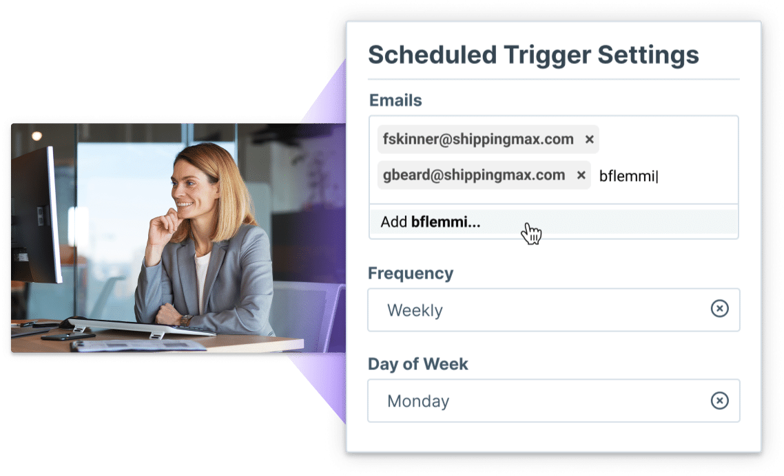 A smiling training professional next to a graphical overlay showing a screen from Administrate’s customized reporting interface.