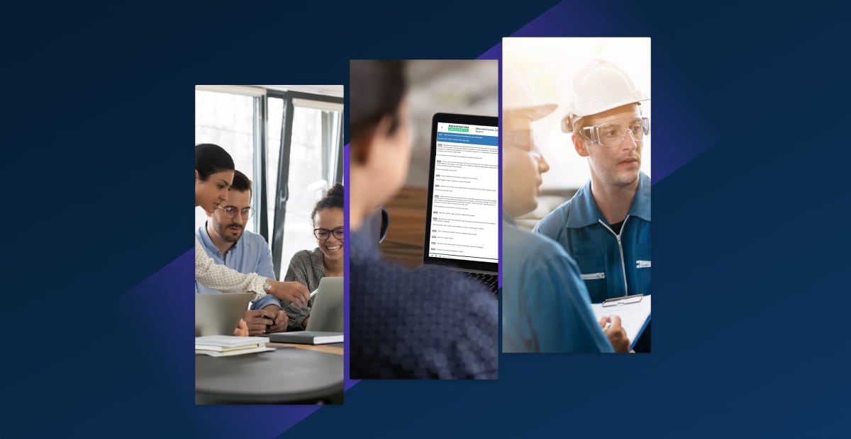 A three way split screen image of training professionals and enterprise employees in different locations. In the far left image, three training professionals point to a laptop and smile, in the central image we see Administrate software on a mobile device, in the right and final image we see employees in hardhats working outdoors.