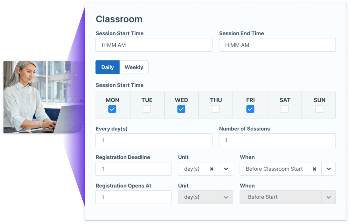 An illustration showing Administrate’s calendar and course management tools resolving a course conflict in a scheduled event.