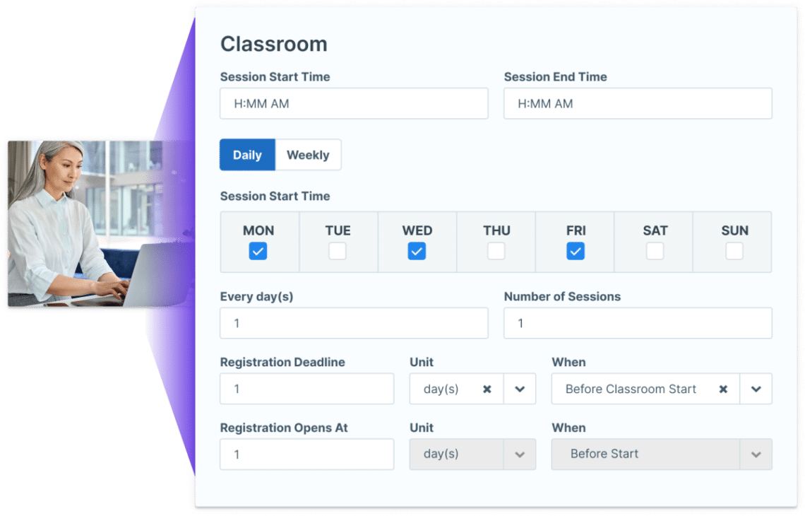 An illustration showing Administrate’s calendar and course management tools resolving a course conflict in a scheduled event.