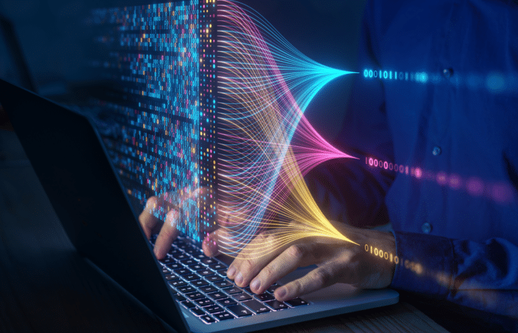 Graphic showing 0s and 1s in an array connected by streams of light, representing disconnected training data being organized.