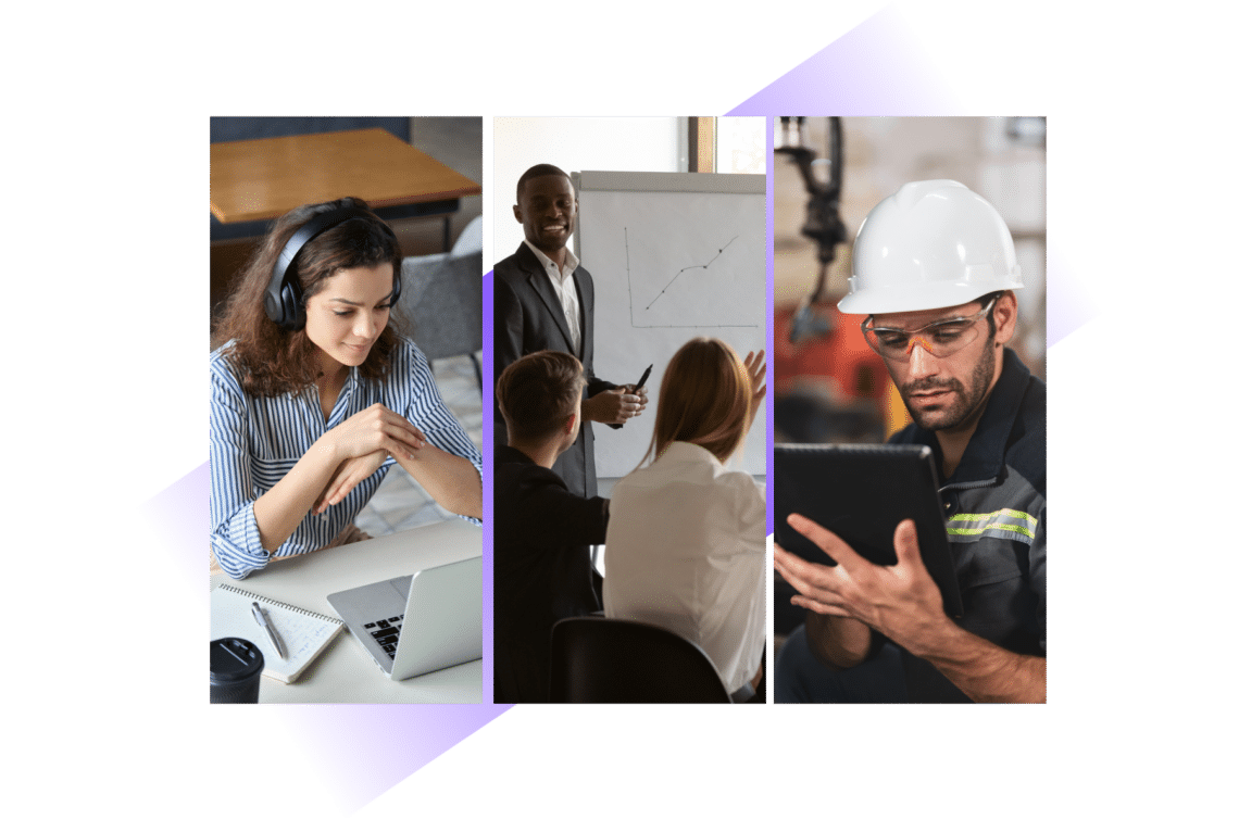 Three way split screen image showing a man taking a test, two workers in hard hats reviewing a form, and a woman in a training session. Together these images indicate real-world trends that training reports can reveal.