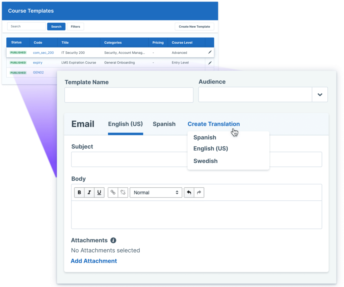A graphic shows screenshots of the course templates tool in Administrate.