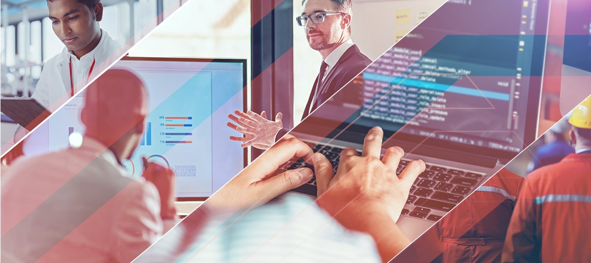 Composite of a doctor reviewing data, a businessman presenting from a screen, a coder typing on a laptop, and construction workers in safety gear.