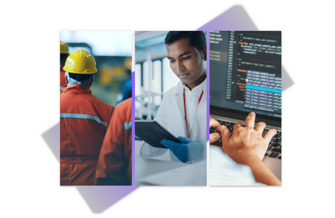 A split screen graphic depicting training’s reach across categories, including a safety team in orange vests, a scientist in a laboratory, and a developer writing code.