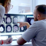 Two medical professionals reviewing brain scan images on dual monitors in a clinical setting.