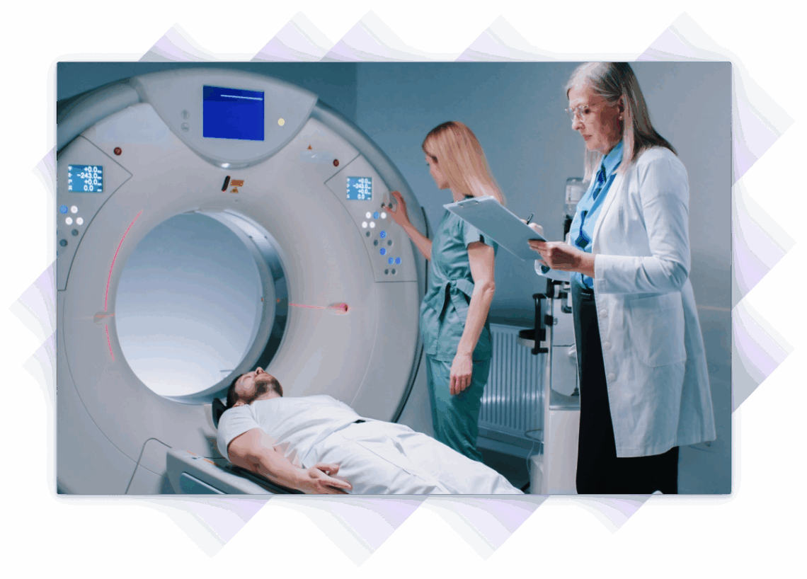 Medical team preparing a patient for an MRI scan, with a nurse operating the machine and a doctor taking notes.