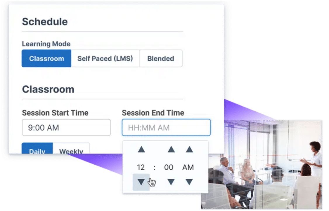Screenshot of the UI for scheduling instructor-led course overlaying an image of an instructor speaking to a group of corporate professionals in a board room.
