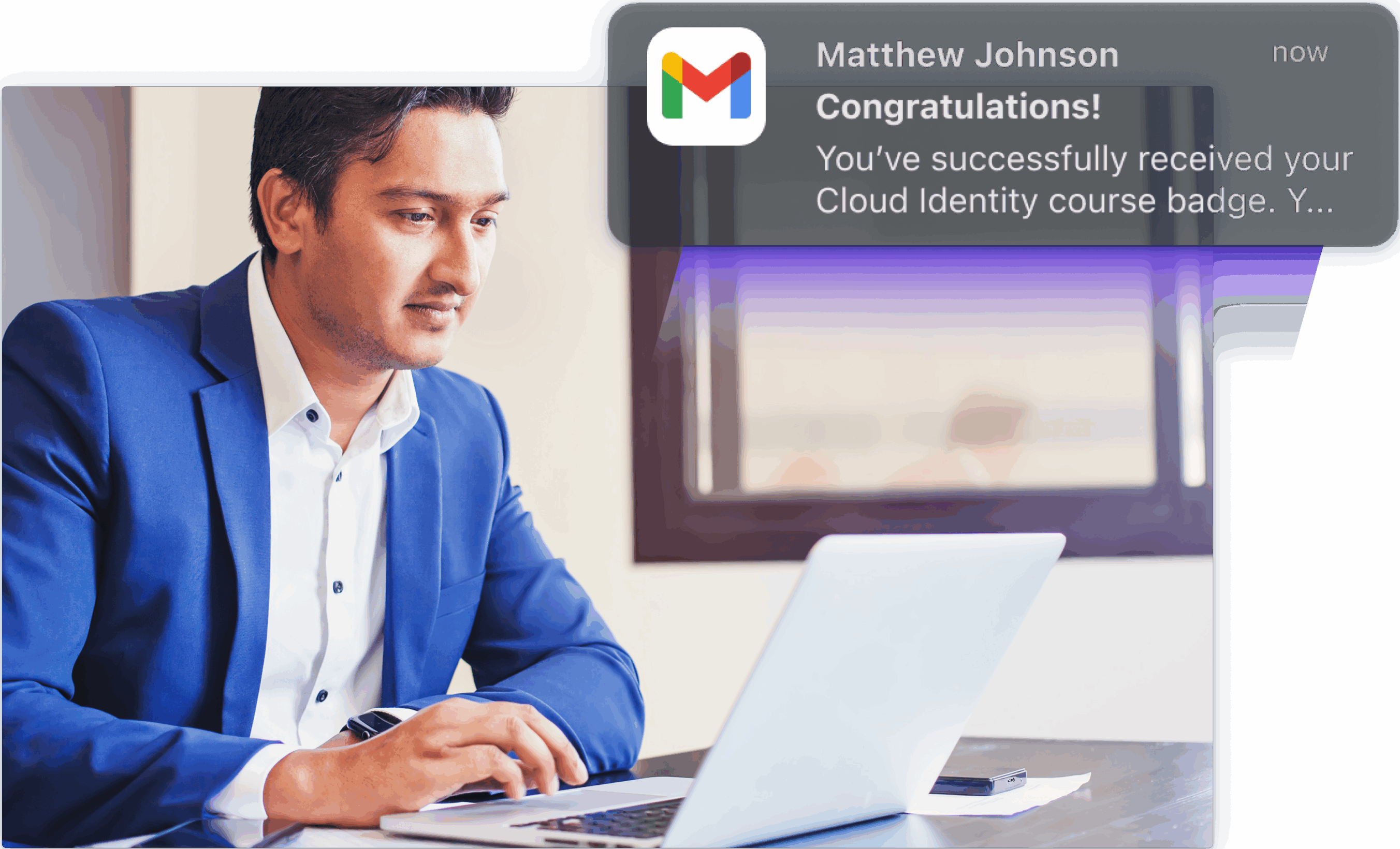 Training professional looks at a digital badge earned from Administrate, delivered to his Gmail inbox.