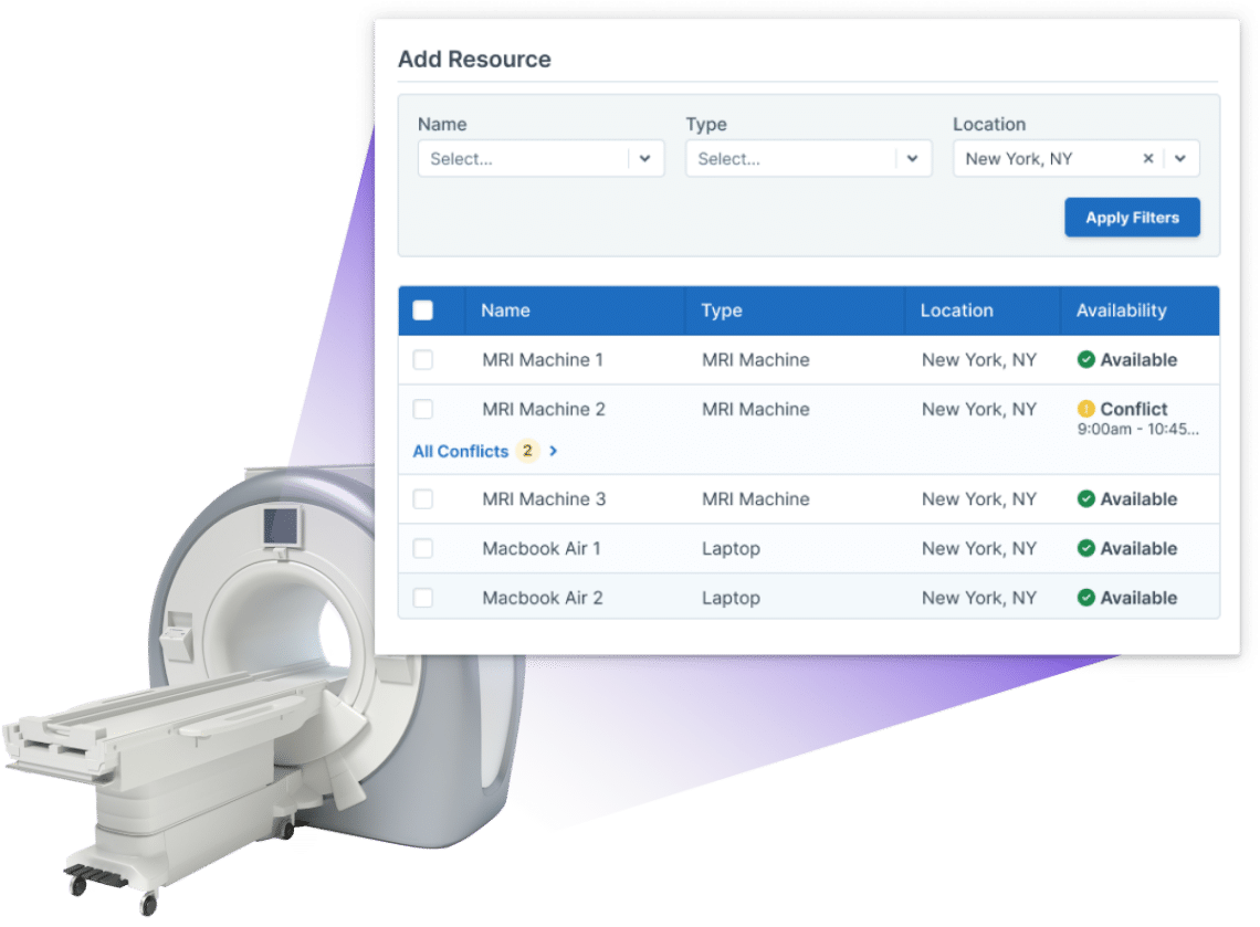 A graphic shows the resource management tools in Administrate overlaid atop medical training equipment.