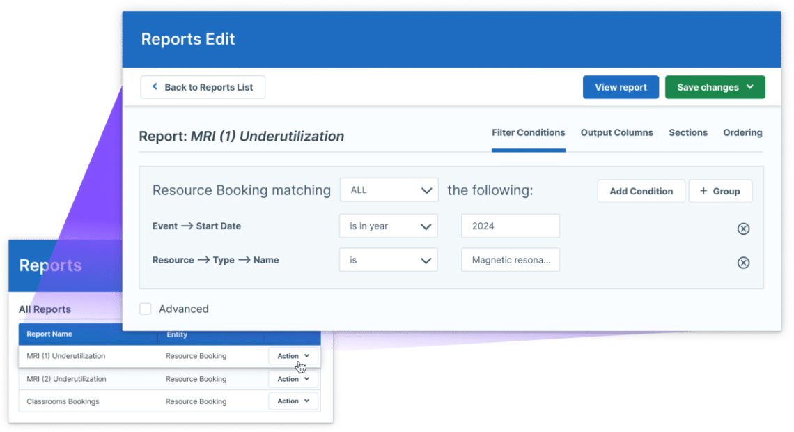 Screenshot of Administrate’s software showing how to build a resource use report.