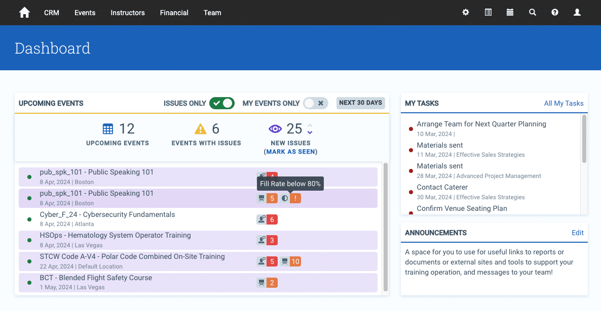 Screenshot of Administrate's dashboard showing a course with a fill rate below the set target.