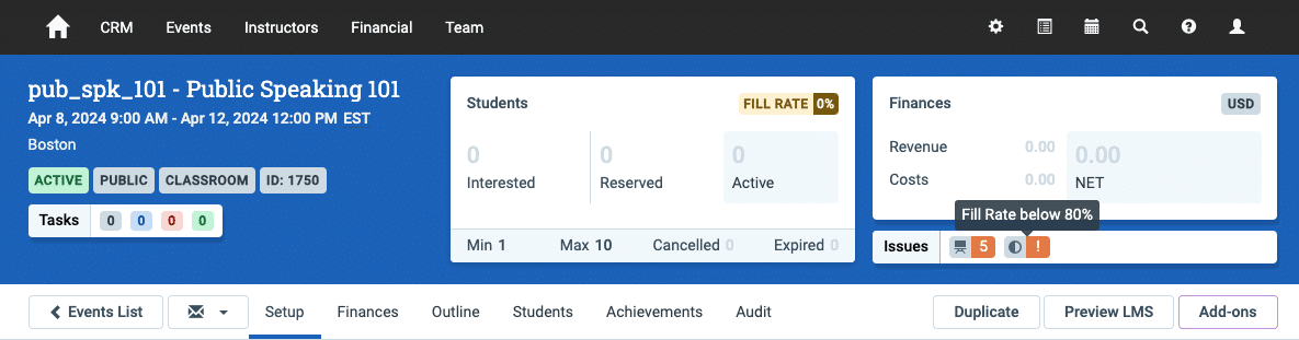 A screenshot of an event header in Administrate showing a fill rate that is below the target rate.