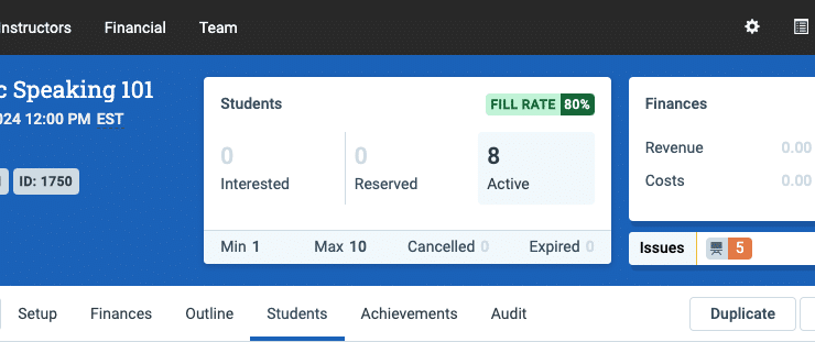 A screenshot of an event header in Administrate showing a fill rate that meets the target rate.