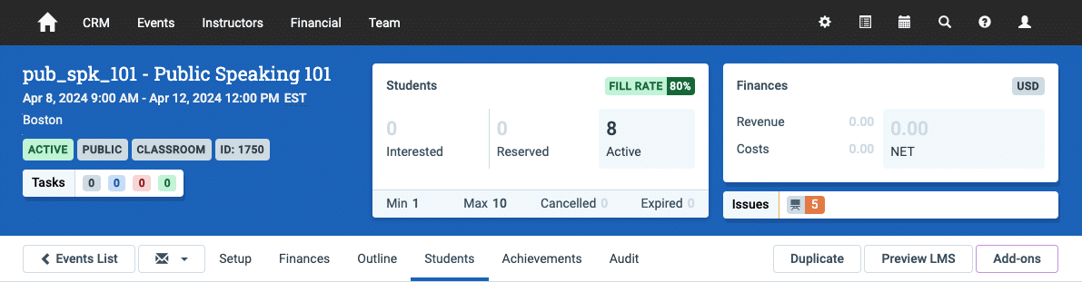 A screenshot of an event header in Administrate showing a fill rate that meets the target rate.