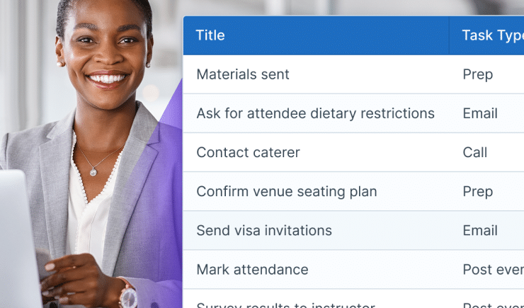 A screenshot of Administrate’s task workflow list overlaid with a training management professional smiling.